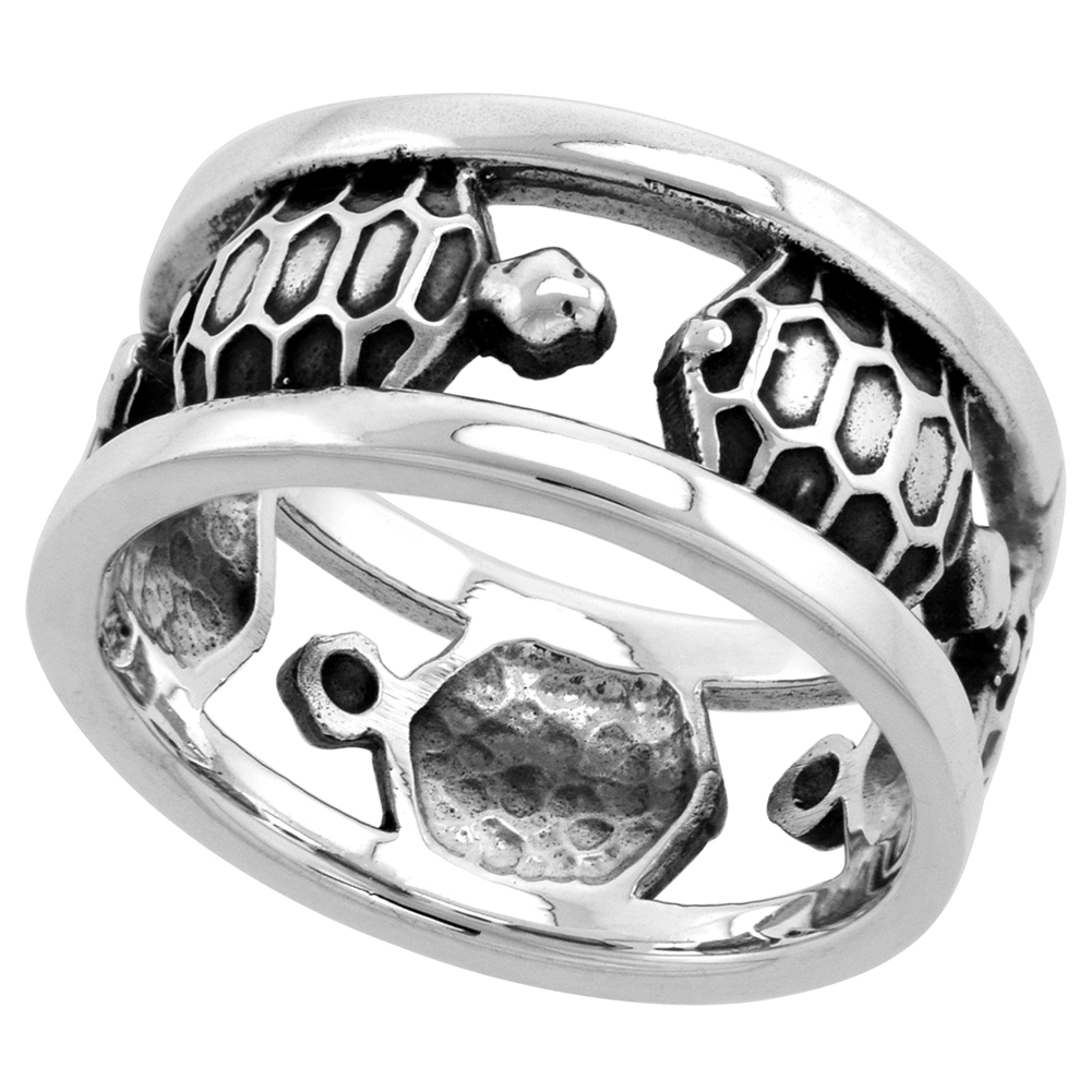 STERLING SILVER TURTLES RING FOR WOMEN 3/8 INCH WIDE SIZES 6 - 10
