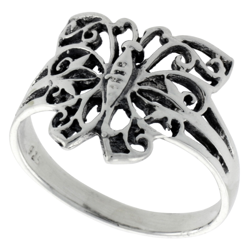 STERLING SILVER FILIGREE BUTTERFLY RING FOR WOMEN 3/4 INCH WIDE SIZES 6 - 10