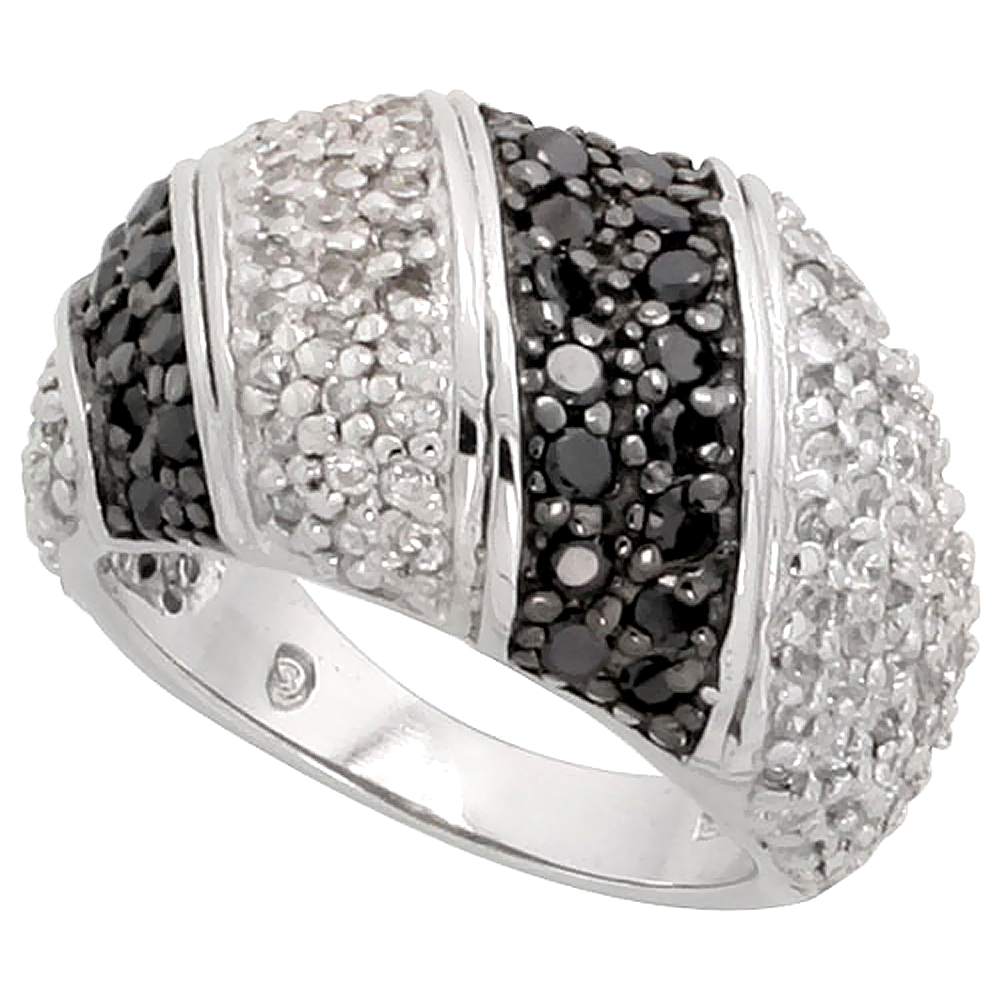 STERLING SILVER BLACK CZ STRIPED DOME RING FOR WOMEN 1/2 INCH WIDE