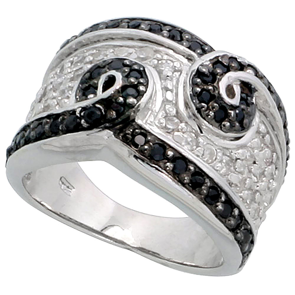 STERLING SILVER BLACK CZ SWIRLS RING FOR WOMEN 1/2 INCH WIDE