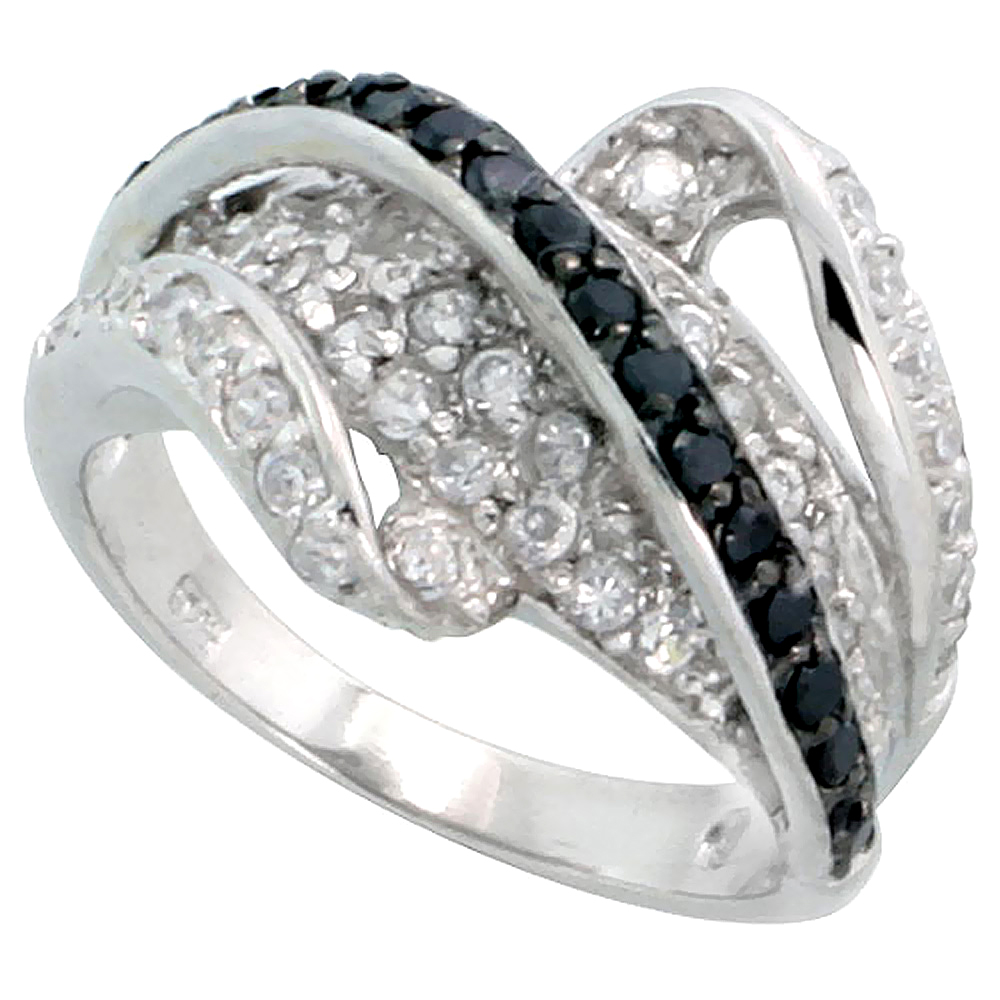 STERLING SILVER BLACK CZ WAVE RING FOR WOMEN 9/16 INCH WIDE