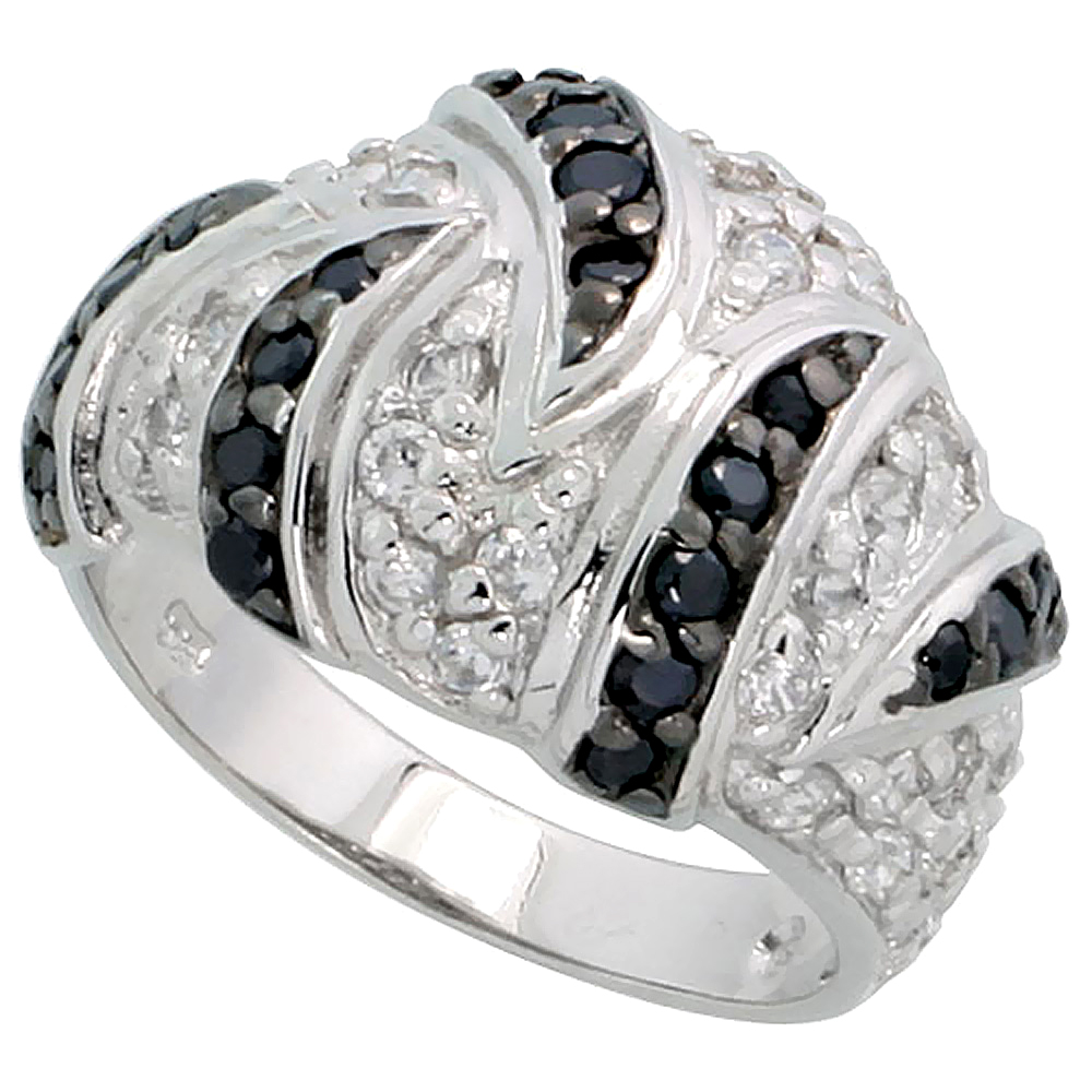 STERLING SILVER BLACK CZ DOME RING FOR WOMEN 9/16 INCH WIDE