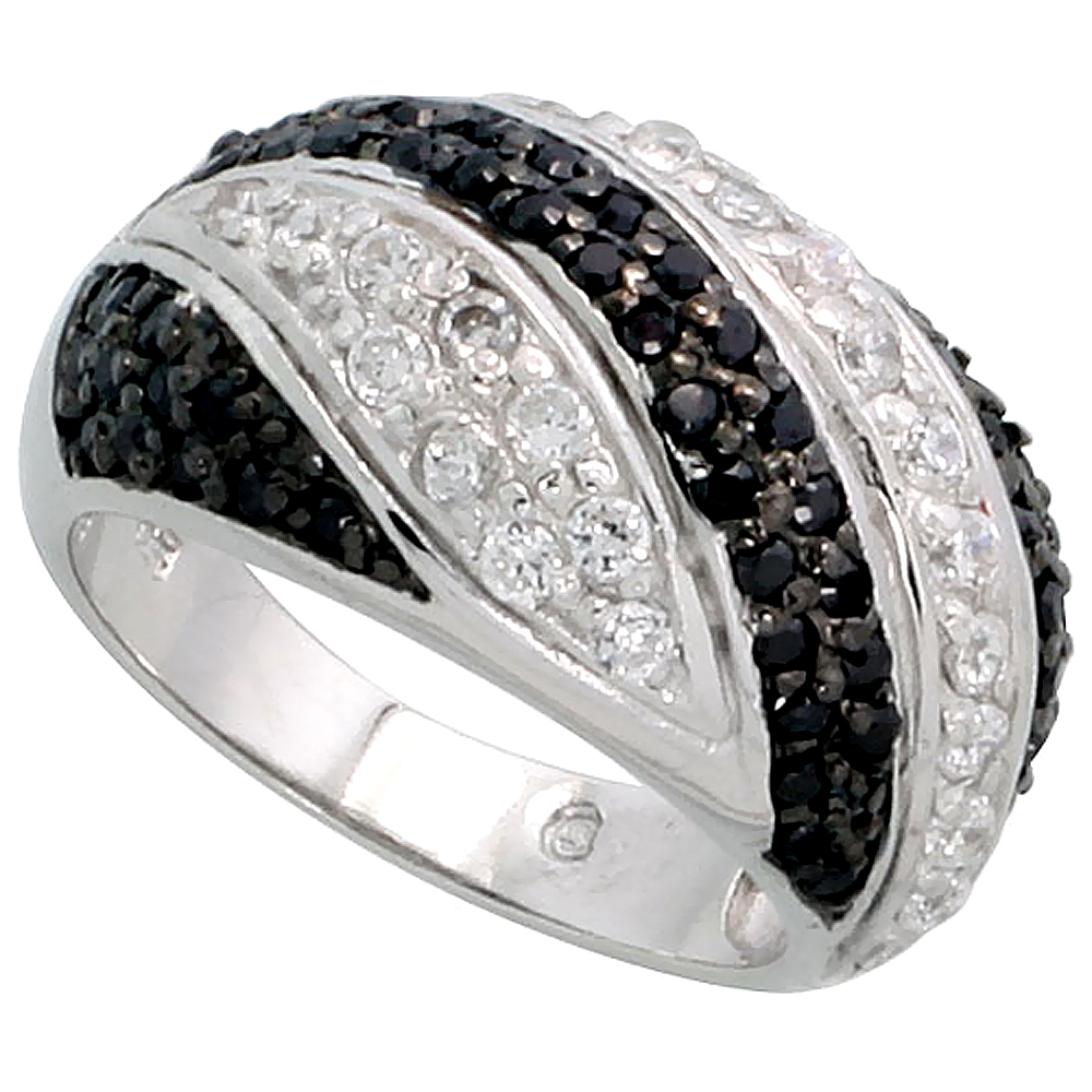 STERLING SILVER BLACK CZ STRIPED DOME RING FOR WOMEN 1/2 INCH WIDE