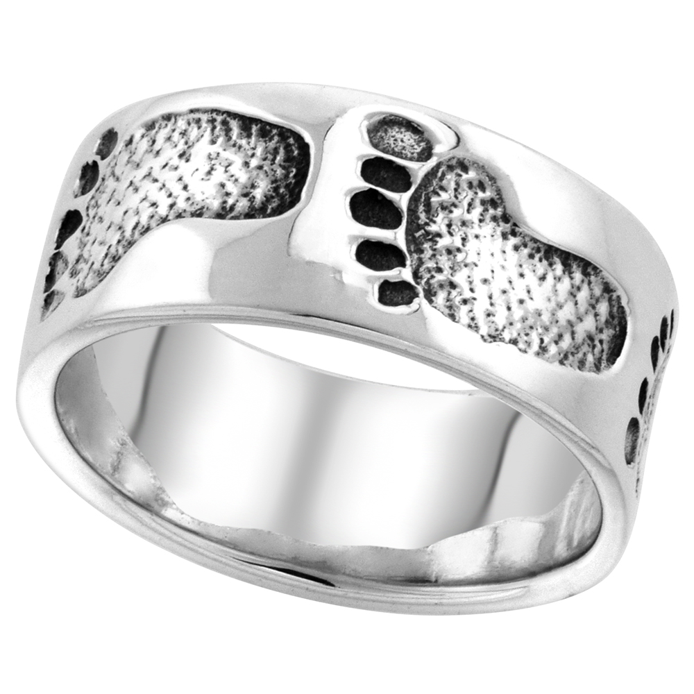 STERLING SILVER FOOTPRINTS IN THE SAND RING FOR WOMEN 3/8 INCH WIDE SIZES 6 - 10