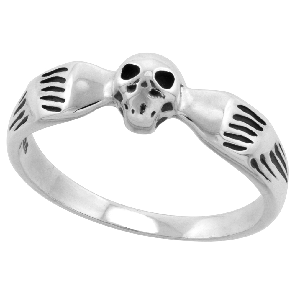 STERLING SILVER WINGED SKULL RING FOR WOMEN 3/16 INCH WIDE SIZES 6 - 10