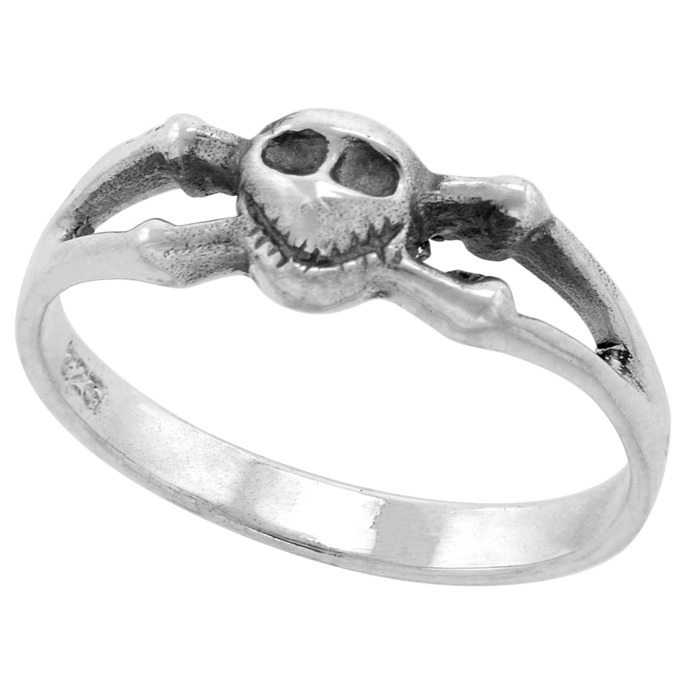 STERLING SILVER SKULL & CROSSBONES RING FOR WOMEN DAINTY 3/16 INCH WIDE SIZES 6 - 10