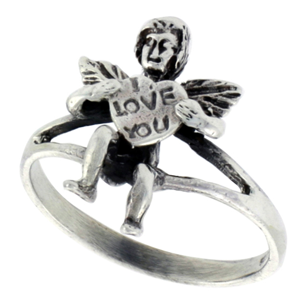 Sterling Silver I LOVE YOU Cherub Ring for Women 3/4 inch wide sizes 6 - 10