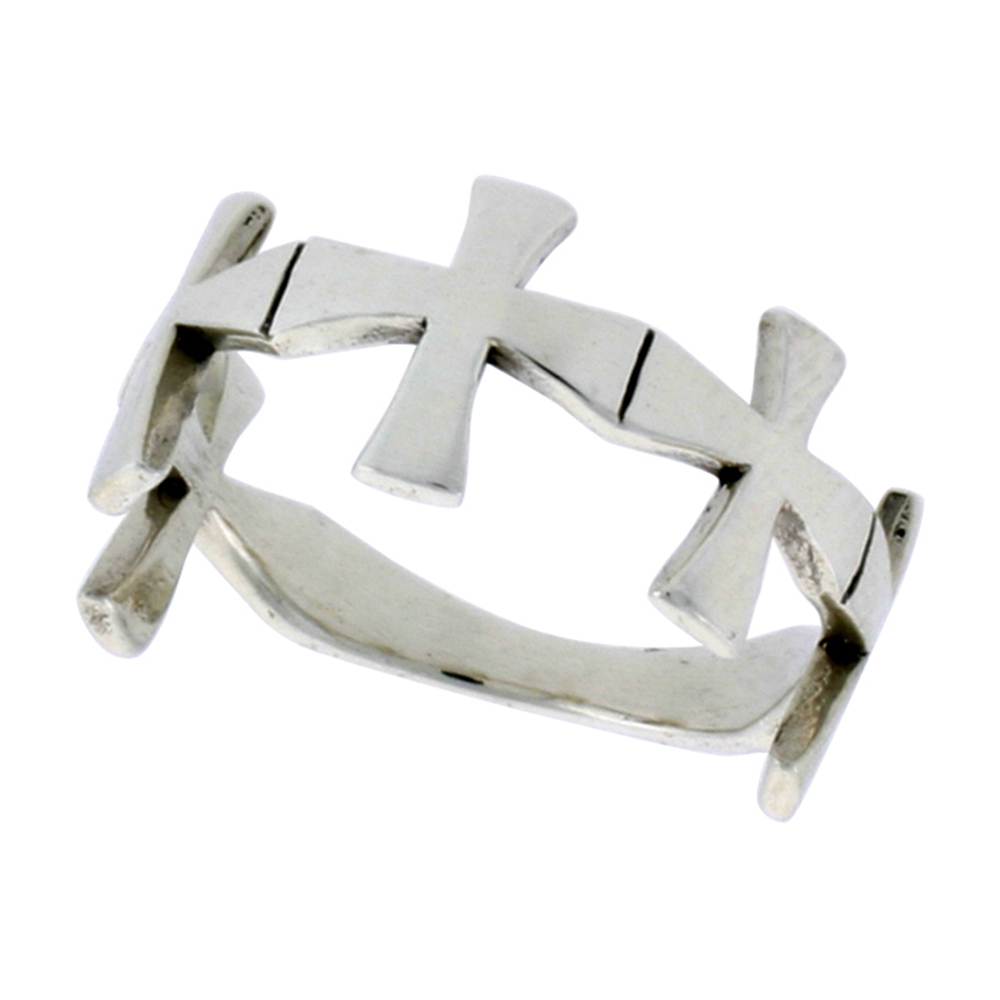 STERLING SILVER LINKED CROSSES RING FOR WOMEN 3/8 INCH WIDE SIZES 6 - 10