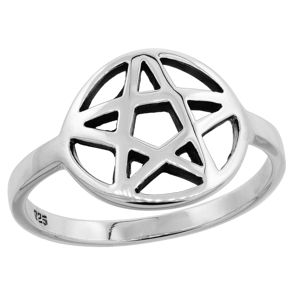 Sterling Silver Pentagram Ring for Women and Girls Flawless Polished Finish 5/8 inch wide sizes 6 - 10