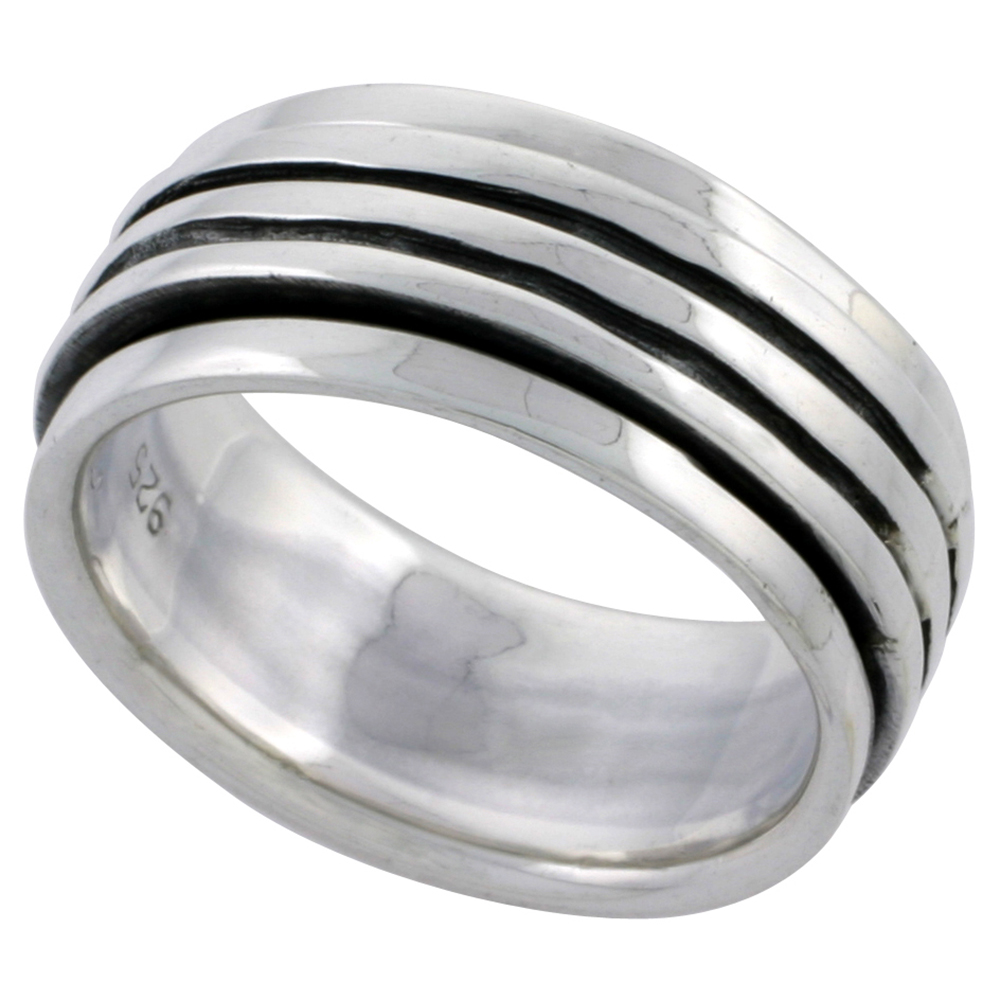 STERLING SILVER STRIPE DESIGN SPINNER RING 3/8 INCH WIDE