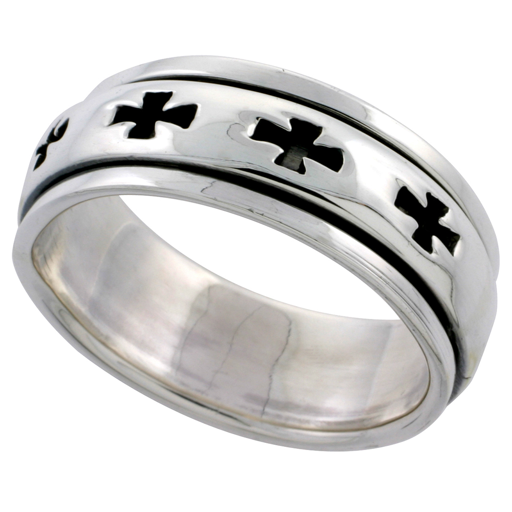 STERLING SILVER CROSS SPINNER RING 3/8 INCH WIDE