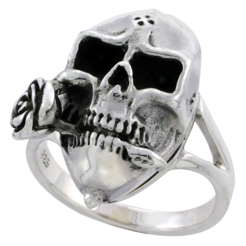 STERLING SILVER SKULL WITH ROSE POISON RING 1 INCH SIZES 6 - 10