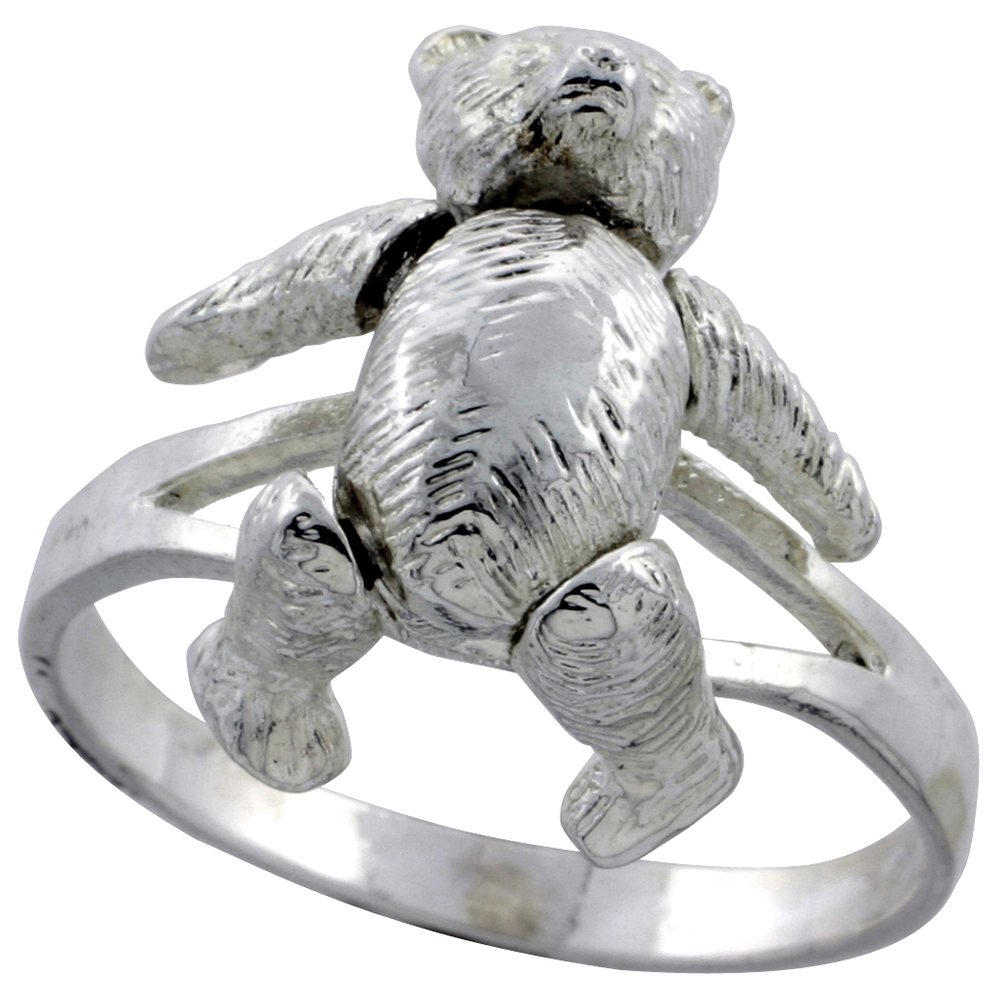 STERLING SILVER MOVABLE TEDDY BEAR RING 7/8 INCH SIZES 6 - 10