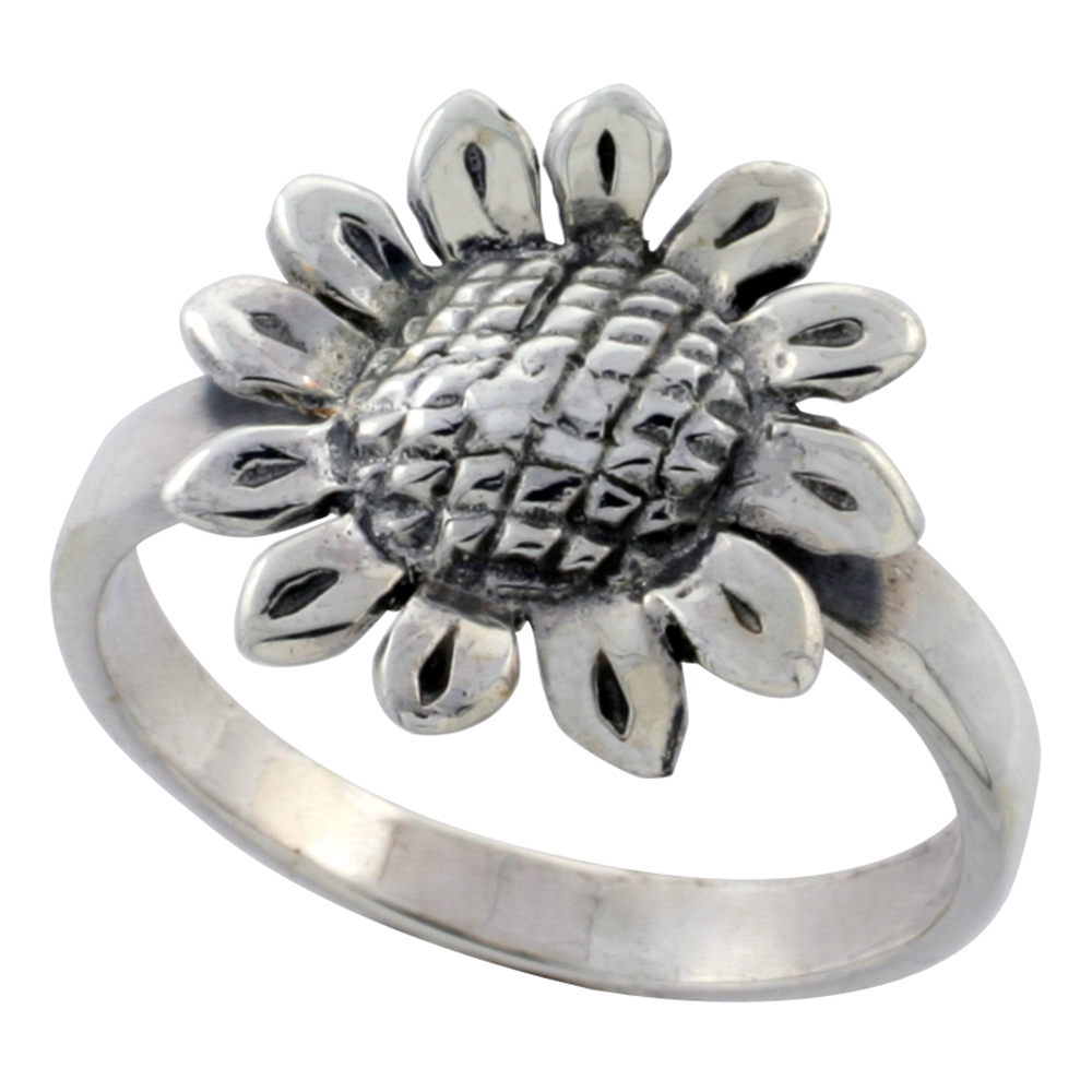 STERLING SILVER SLIDING SUNFLOWER RING 3/4 INCH WIDE SIZES 6 - 10