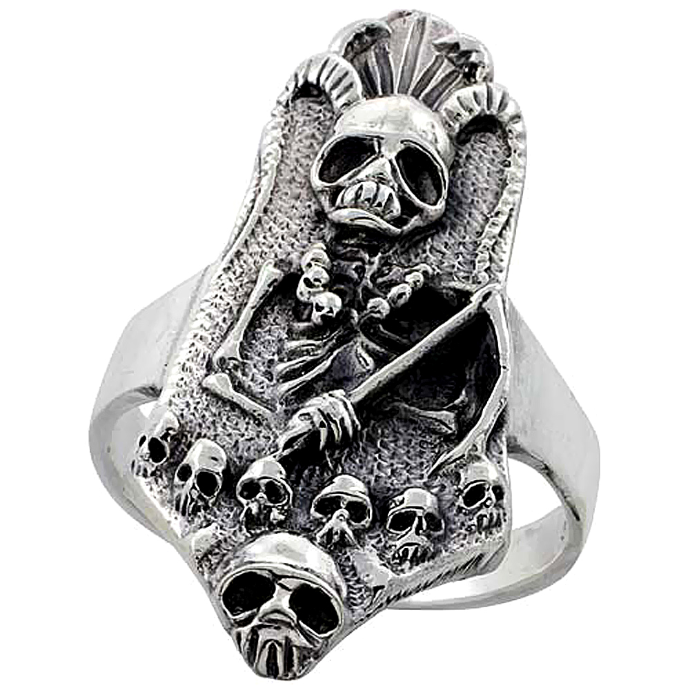 STERLING SILVER REAPER WITH HORNS RING 1 3/8 INCH WIDE SIZES 6 TO 15
