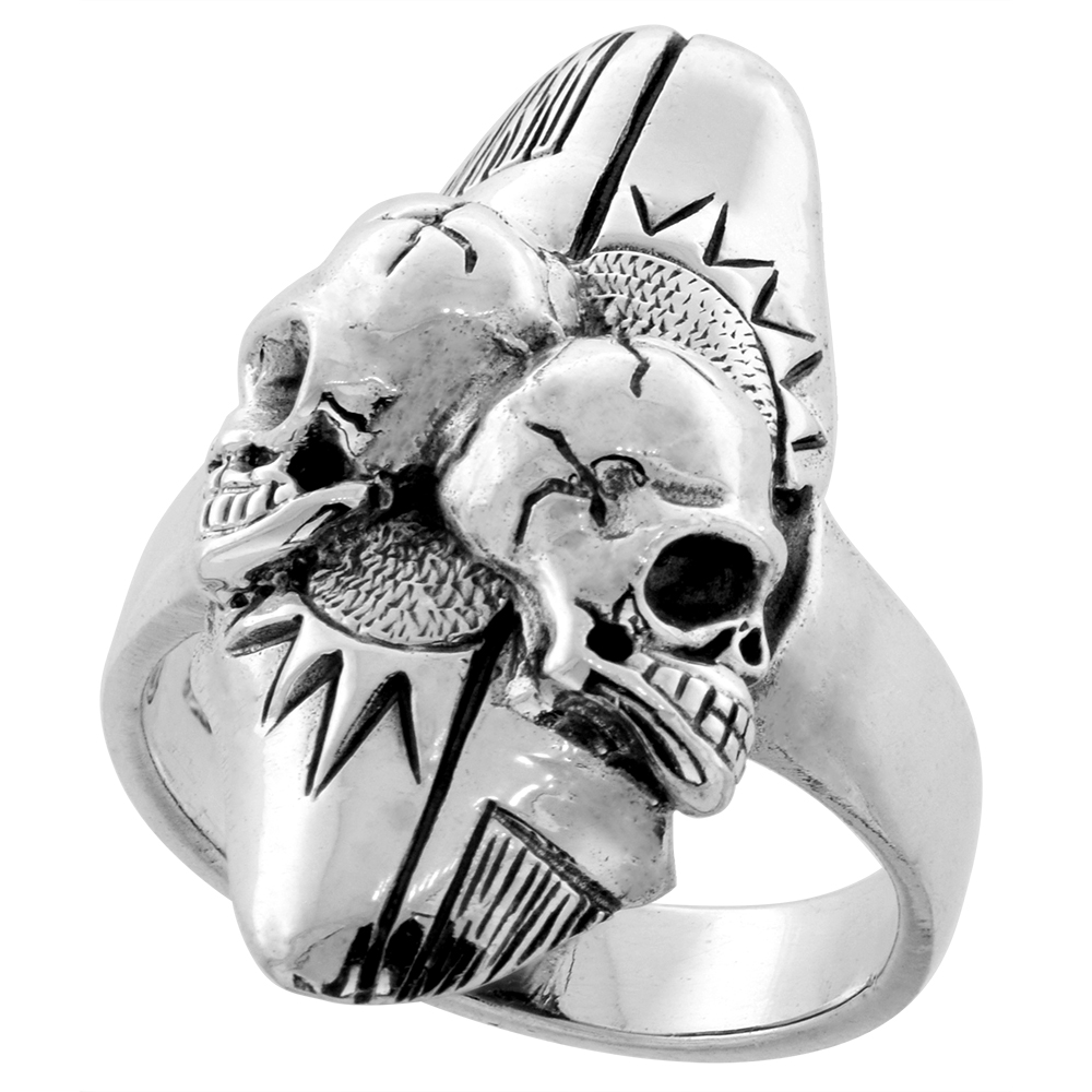 STERLING SILVER 2 SKULL RING 1 1/4 INCH WIDE SIZES 6 TO 15