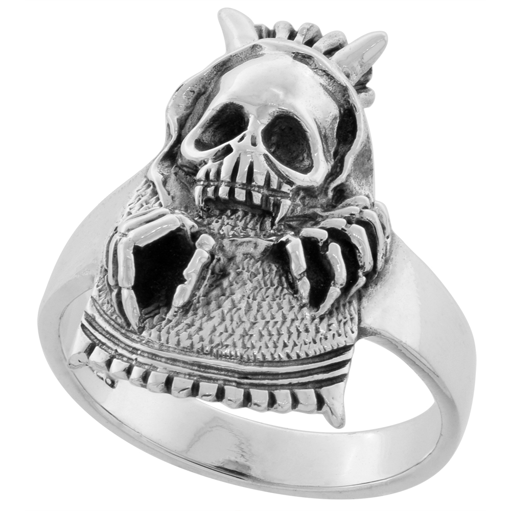 STERLING SILVER SKULL WITH HORNS RING 1 INCH WIDE SIZES 6 TO 15