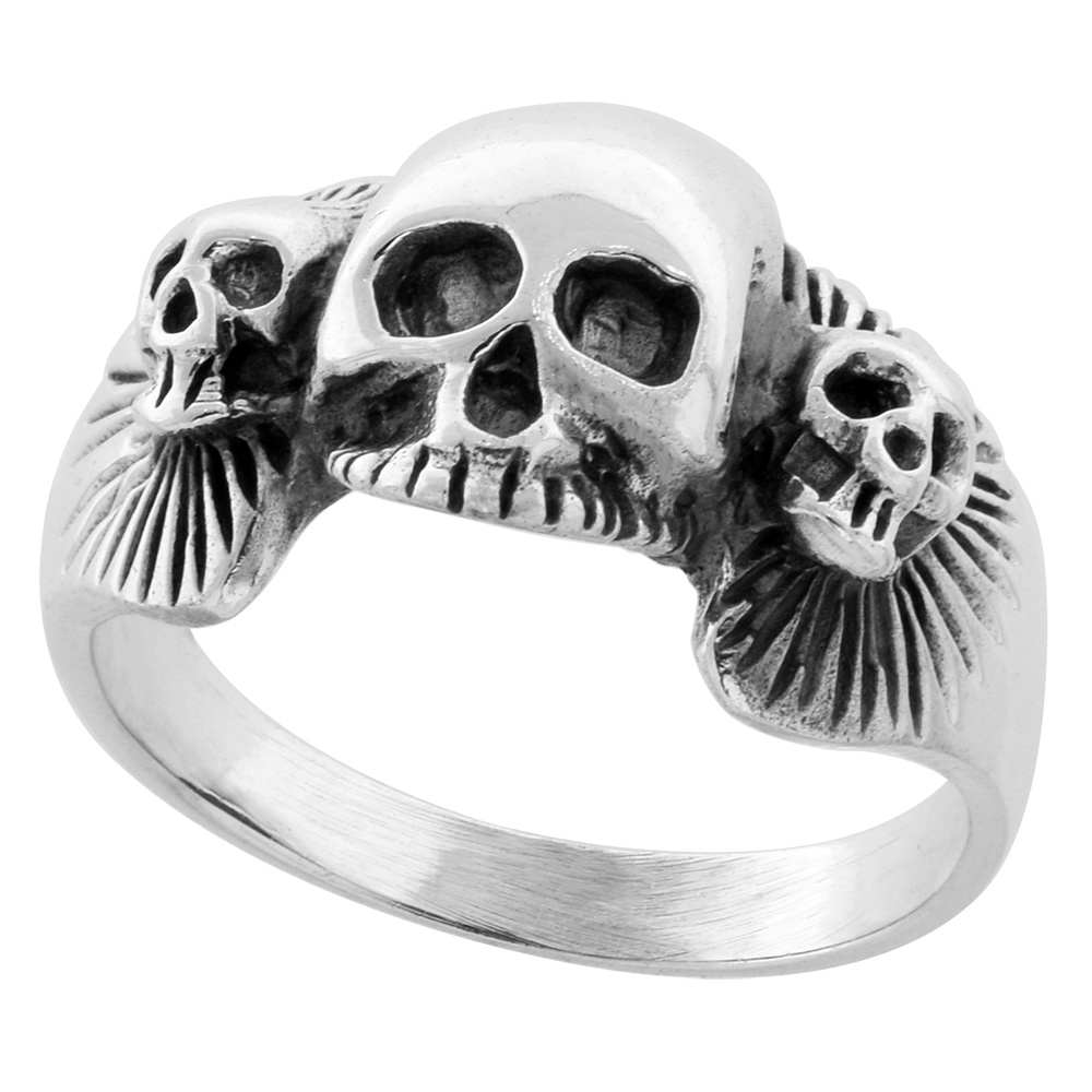 STERLING SILVER TRIPLE SKULL RING 5/8 INCH WIDE SIZES 6 TO 15