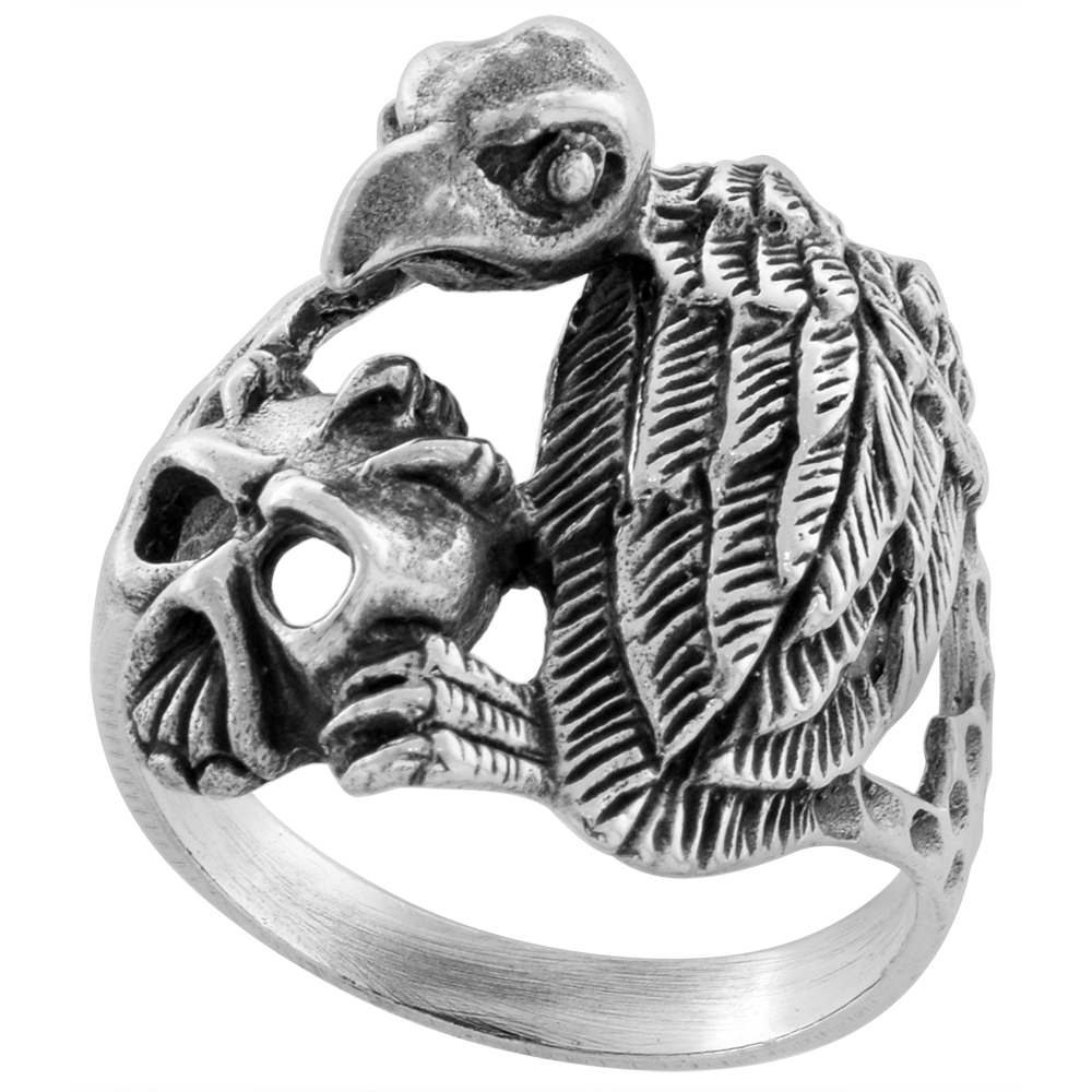 STERLING SILVER VULTURE WITH SKULL RING 1 INCH WIDE SIZES 6 TO 15