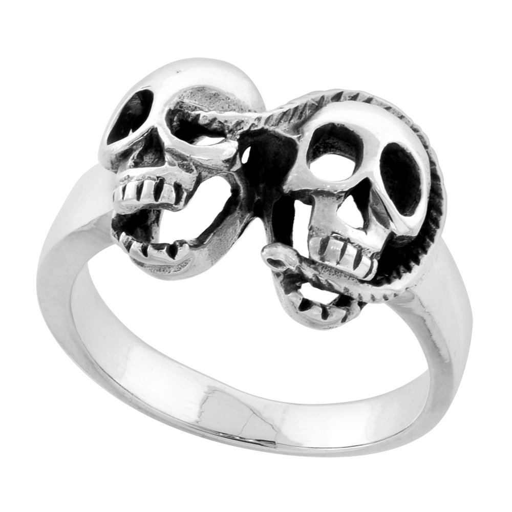 STERLING SILVER SNAKE WITH 2 SKULLS RING 7/16 INCH WIDE SIZES 6 TO 12