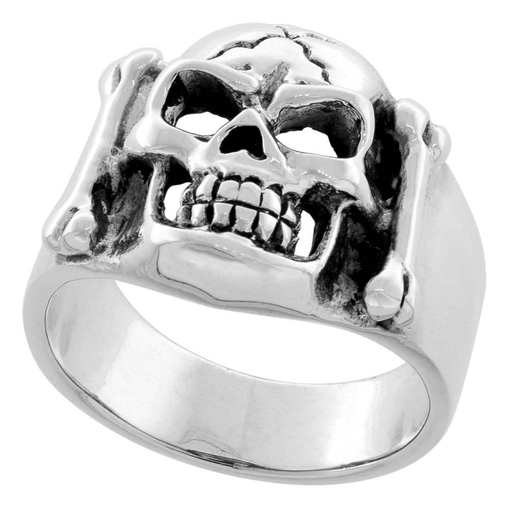 STERLING SILVER BONES & CRACKED SKULL RING 3/4 INCH WIDE