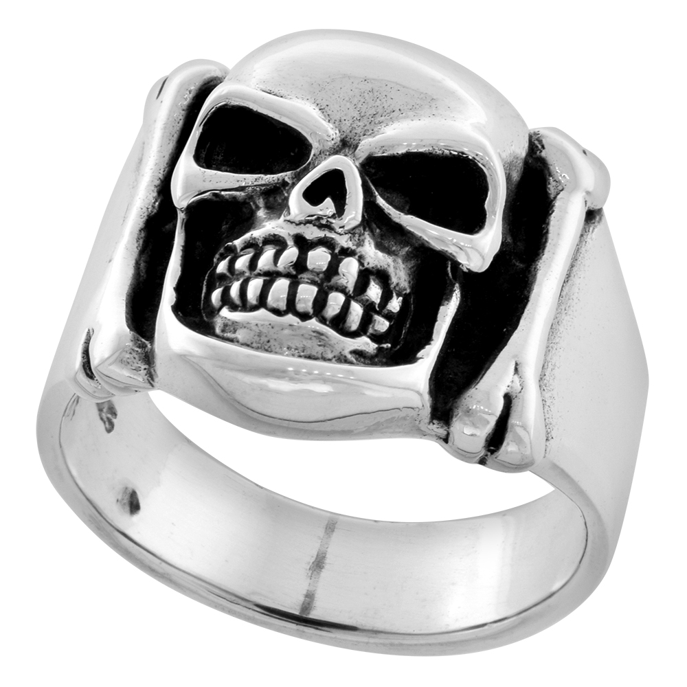 STERLING SILVER BONES & SKULL RING 3/4 INCH WIDE