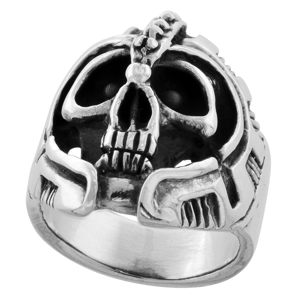 STERLING SILVER SKULL RING 1 INCH WIDE SIZES 8 TO 14