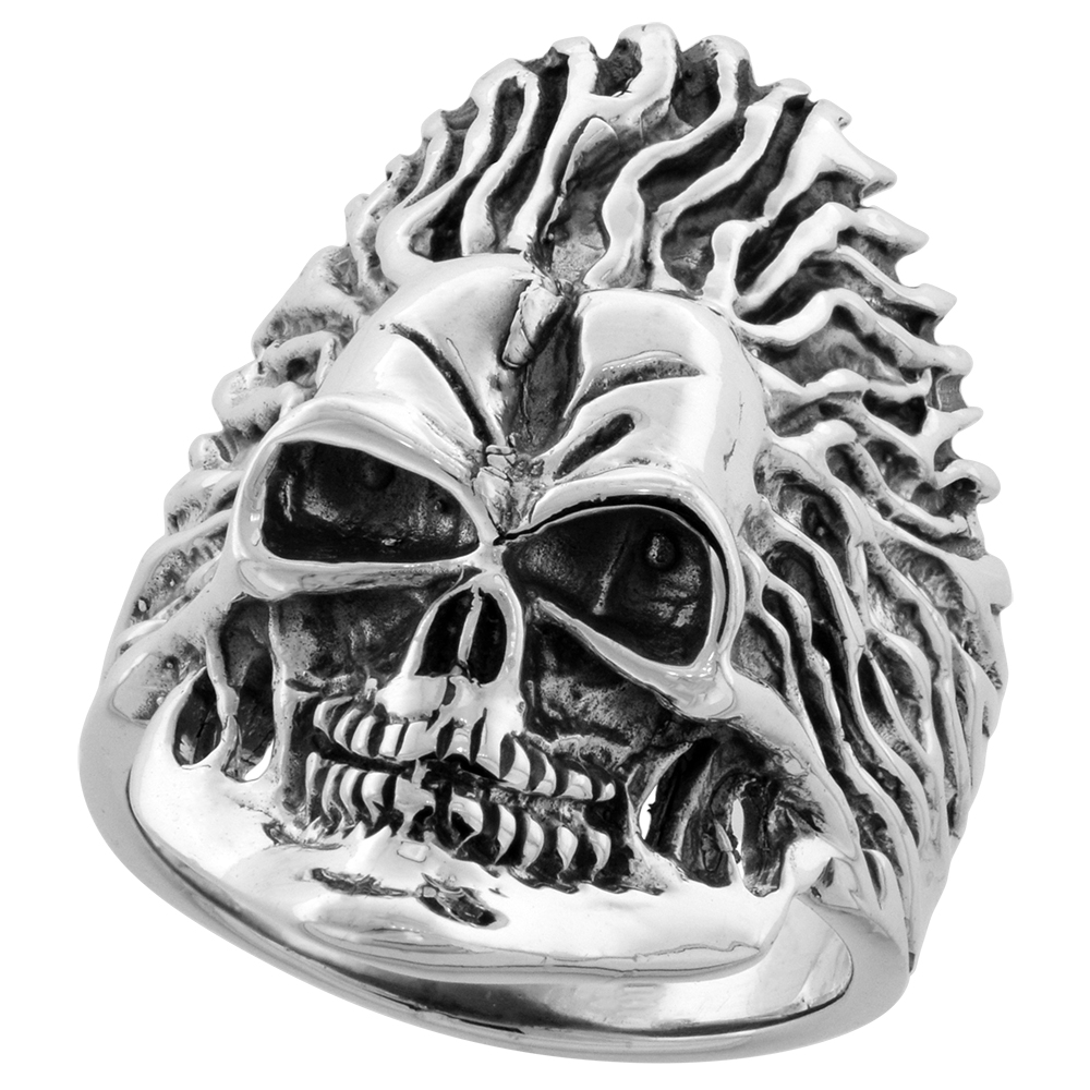 STERLING SILVER SKULL ON FLAMES RING 1 3/8 INCH WIDE SIZES 8 TO 14