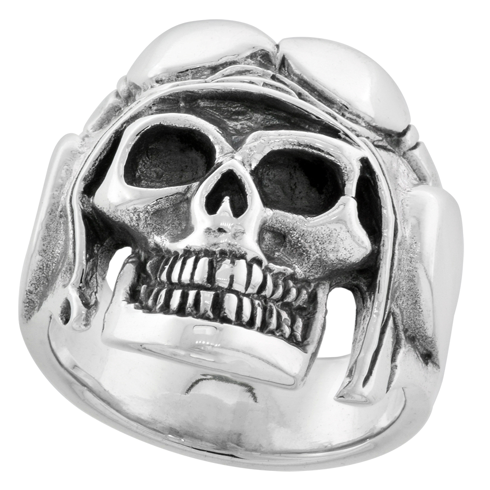 STERLING SILVER SKULL WITH HELMET RING 1 INCH WIDE SIZES 8 TO 14