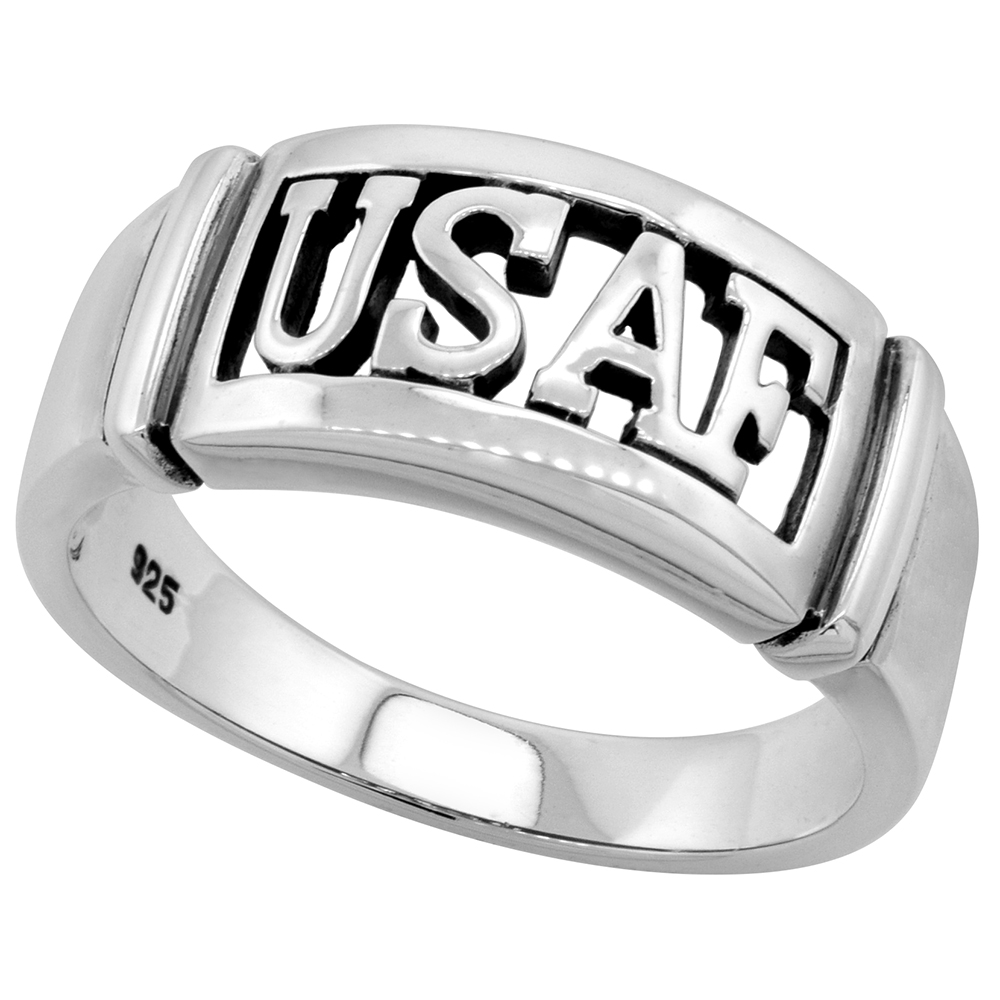 STERLING SILVER AIR FORCE RING FOR MEN AND WOMEN HIGH POLISHED SOLID 3/8 INCH WIDE SIZES 8 - 14