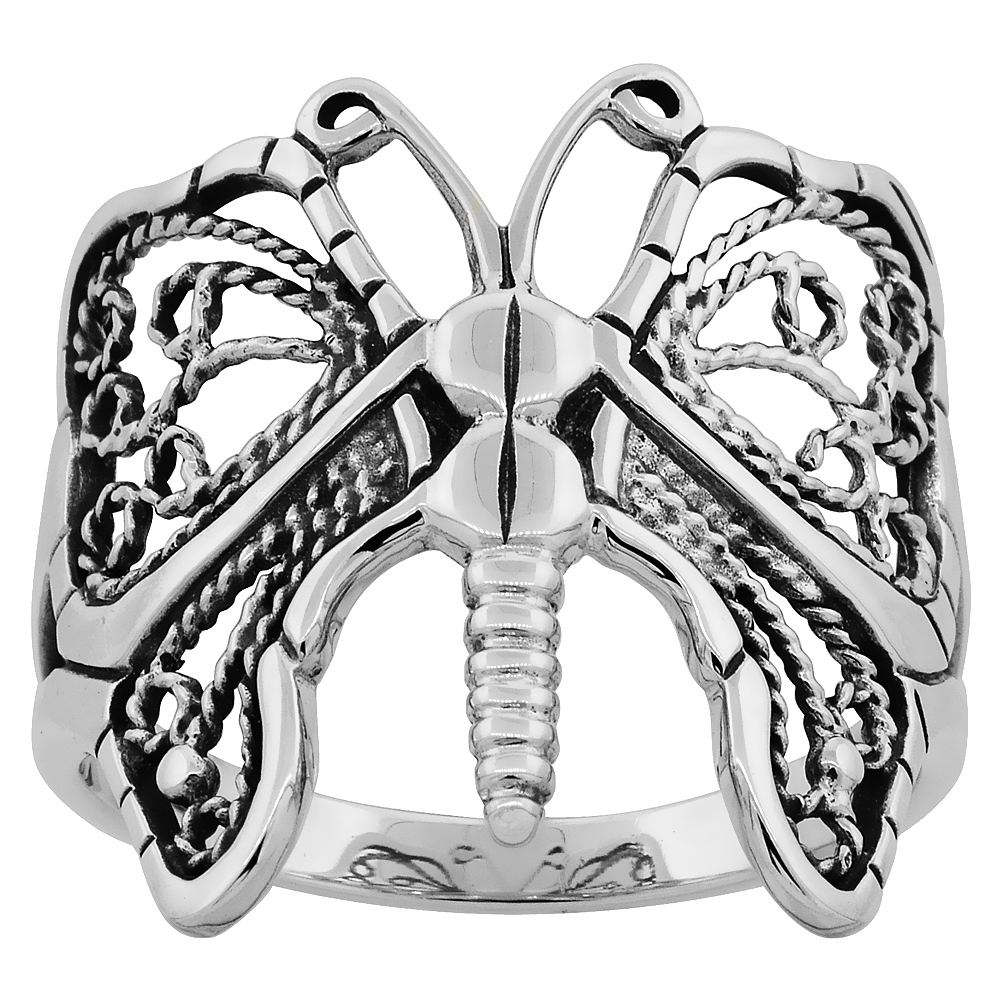 Sterling Silver Butterfly Ring for Women 3/4 inch (18mm) Long