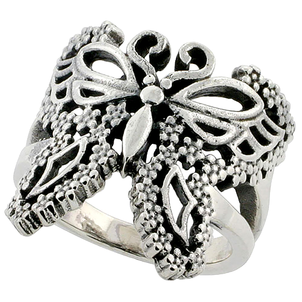 STERLING SILVER FILIGREE BUTTERFLY RING FOR WOMEN 3/4 INCH (21MM) LONG SIZES 6 - 10 1/2