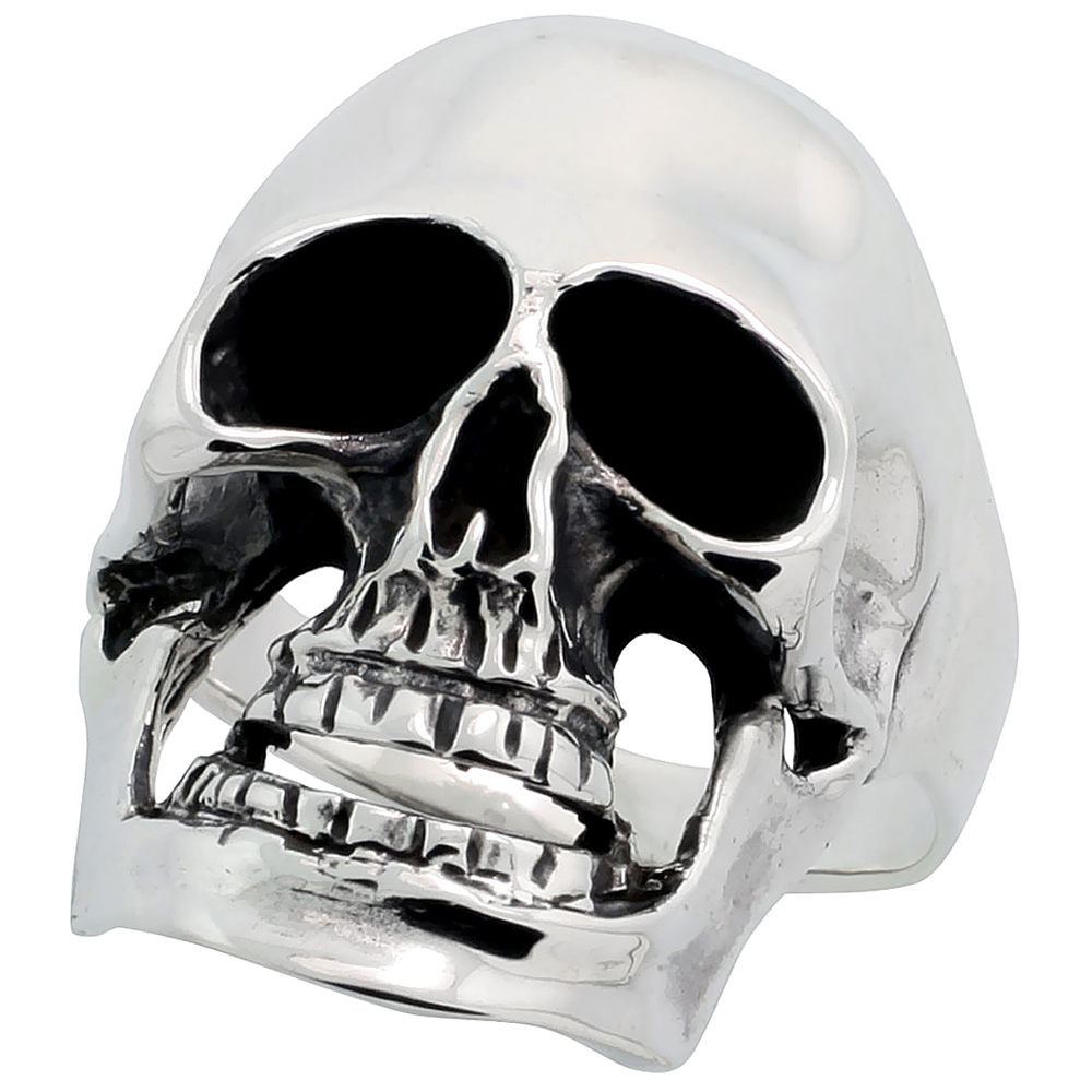 STERLING SILVER SKULL RING FOR MEN 1 1/8 INCH LONG SIZES 8 - 14