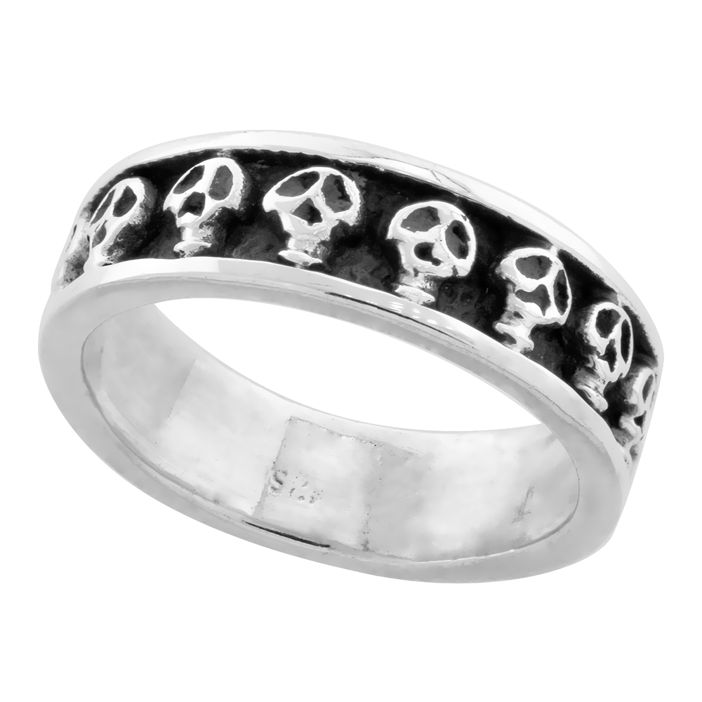 Small Sterling Silver 6mm Skull Wedding Band Thumb Ring for Women Oxidized Finish 1/4 inch wide sizes 6-10