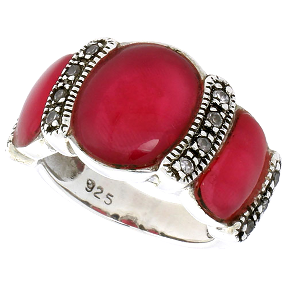 STERLING SILVER OXIDIZED RING, W/ 12 X 9 MM & TWO 9 X 5 MM OVAL-SHAPED RED RESIN, & TINY CZ'S, 1/2" (13 MM) WIDE