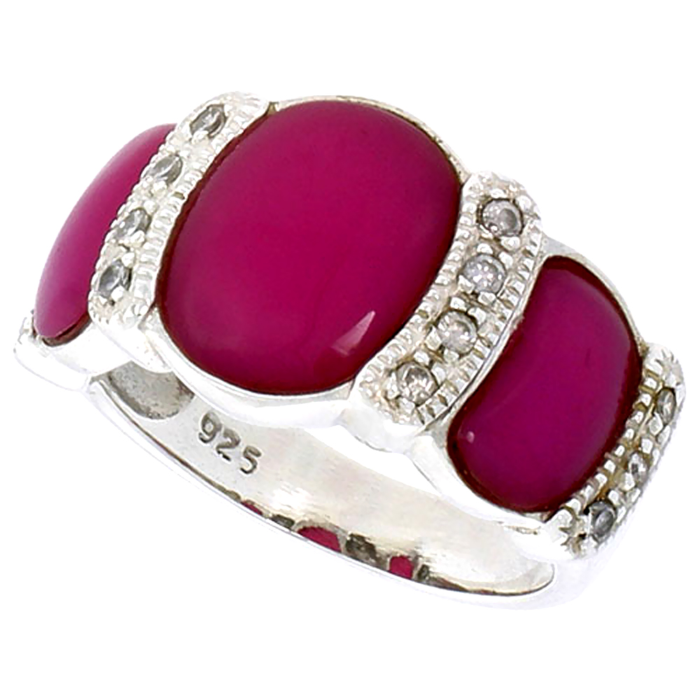 STERLING SILVER OXIDIZED RING, W/ 12 X 9 MM & TWO 9 X 5 MM OVAL-SHAPED PURPLE RESIN, & TINY CZ'S, 1/2" (13 MM) WIDE