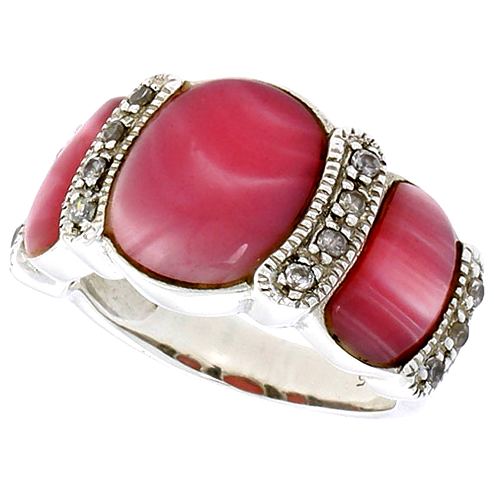 STERLING SILVER OXIDIZED RING, W/ 12 X 9 MM & TWO 9 X 5 MM OVAL-SHAPED PINK MOTHER OF PEARLS, & TINY CZ'S, 1/2" (13 MM) WIDE