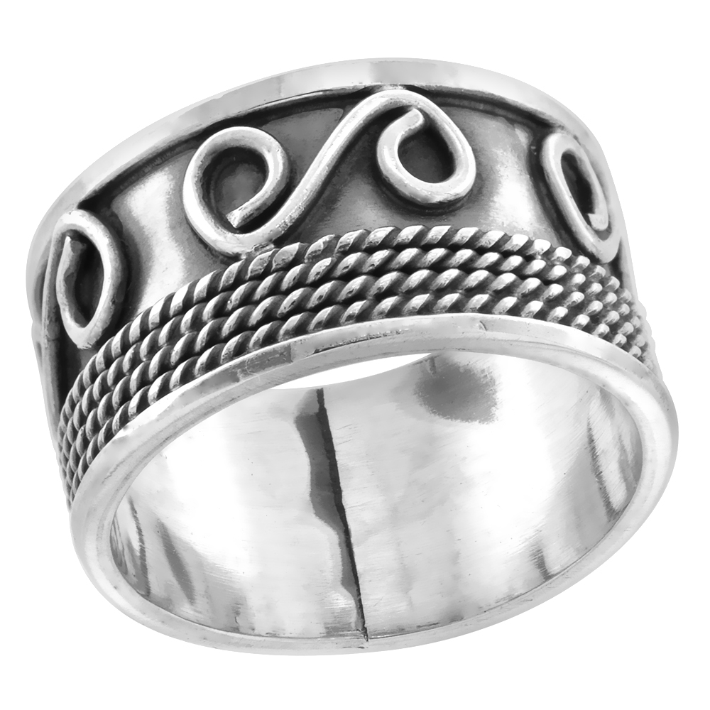 STERLING SILVER BALI RING S-SCROLLS & ROPE FOR WOMEN ROPE DESIGN 1/2 INCH