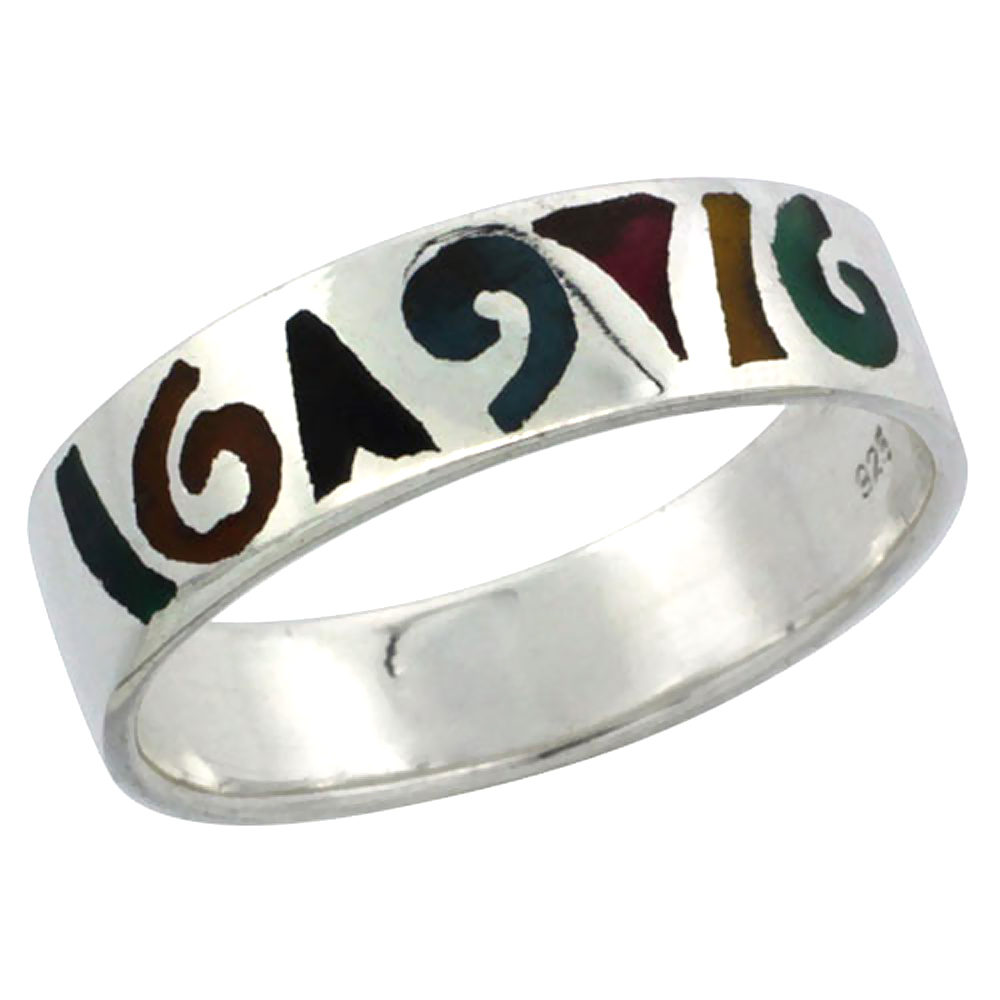 sterling silver Abstract Pattern Ring for Women Multicolor Enamel 1/4 inch sizes 6 - 13