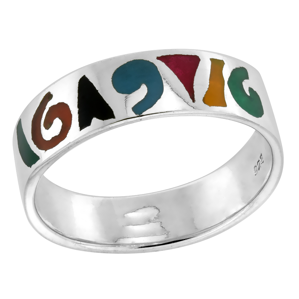 STERLING SILVER ABSTRACT PATTERN RING FOR WOMEN MULTICOLOR ENAMEL 1/4 INCH SIZES 6 - 13