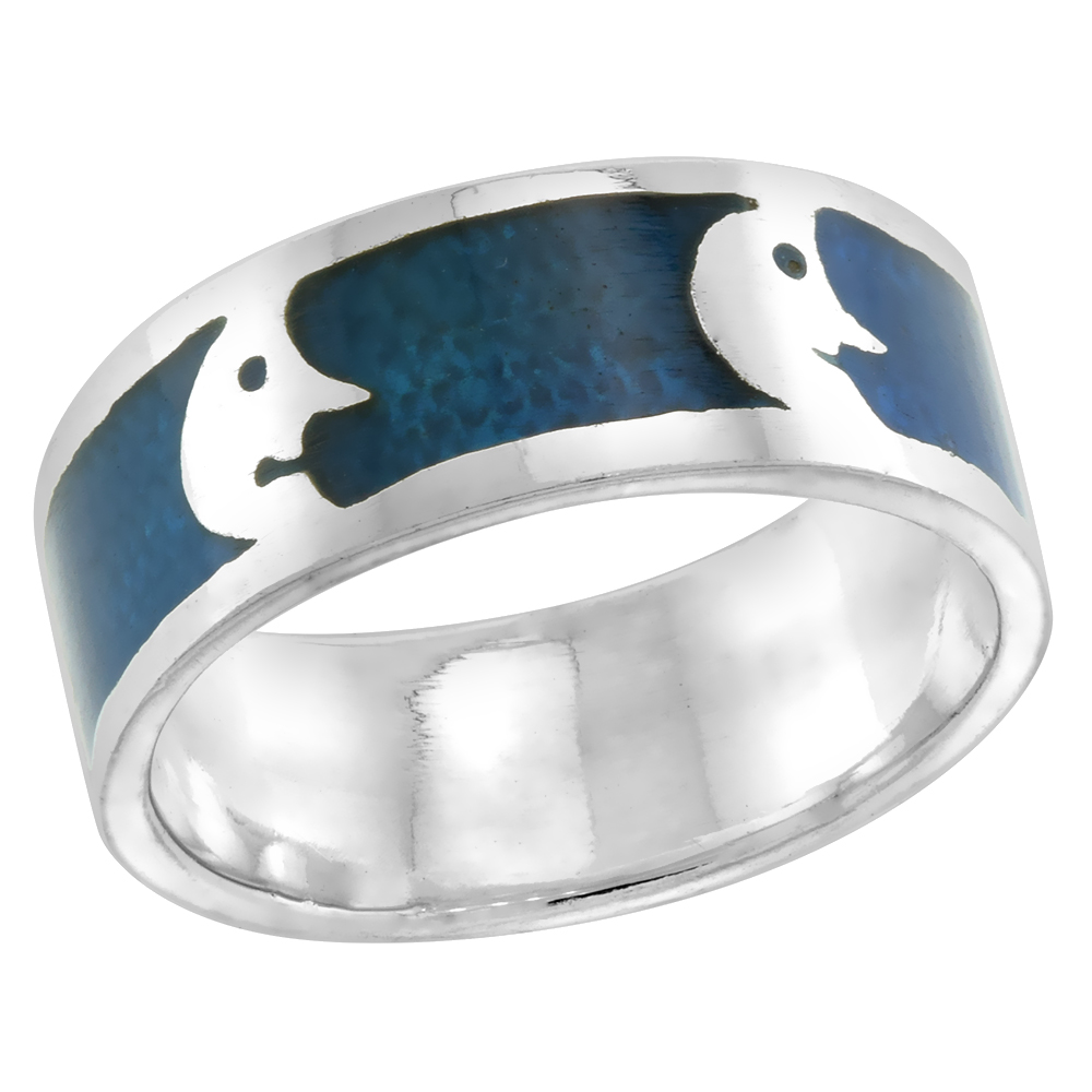 STERLING SILVER MOON MAN RING FOR WOMEN & MEN BLUE ENAMEL 5/16 INCH