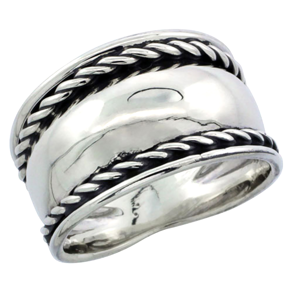 Sterling Silver Domed Cigar Wedding Band Ring w/ Rope Edge Design 7/16 inch wide, sizes 6 - 13