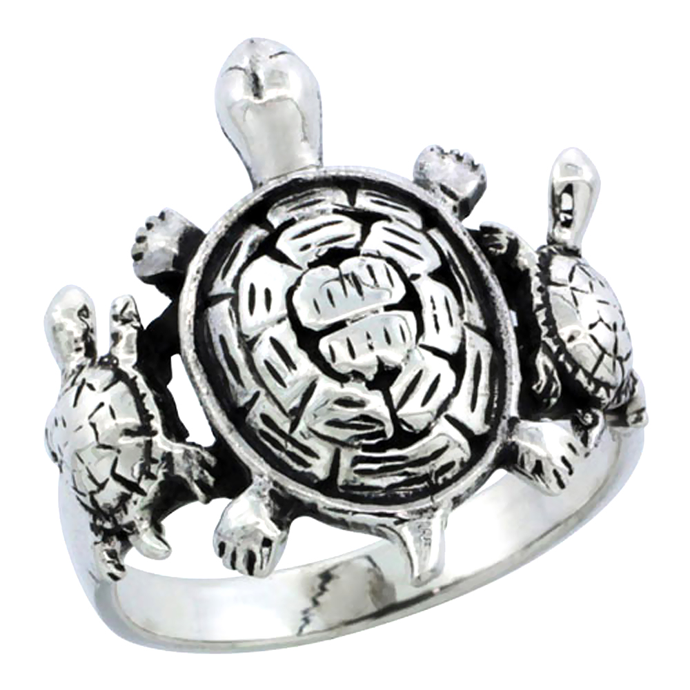 STERLING SILVER TRIPLE TURTLE RING 3/4 INCH WIDE,