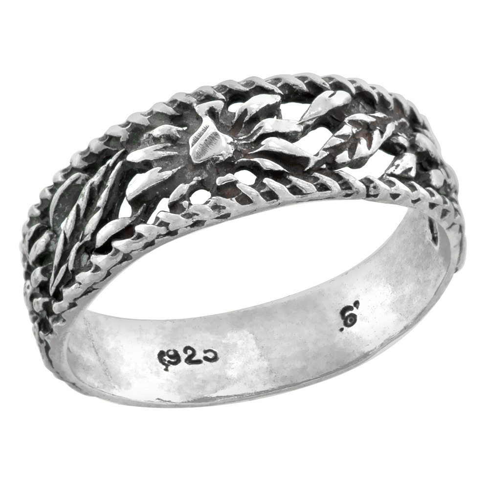 STERLING SILVER FLORAL PATTERN RING FOR WOMEN 1/4 INCH