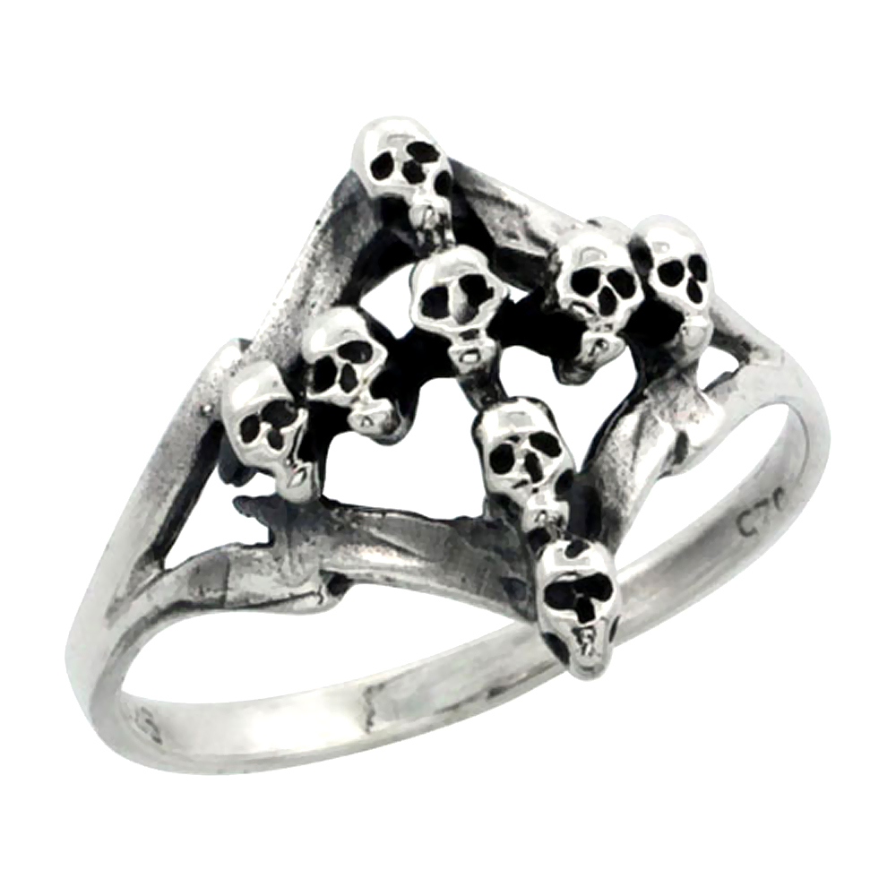 STERLING SILVER SKULL CROSS RING FOR WOMEN 7/16 INCH SIZES 6 - 13
