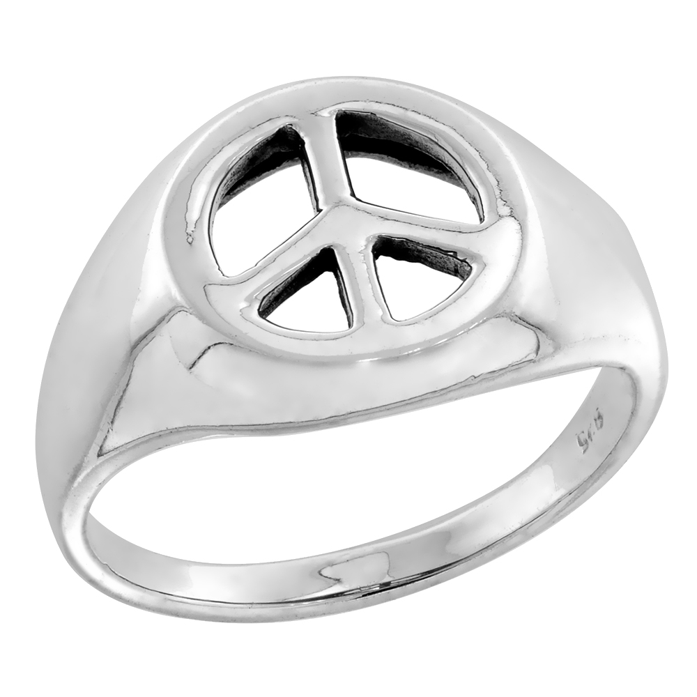 STERLING SILVER PEACE SIGN RING FOR WOMEN 1/2 INCH
