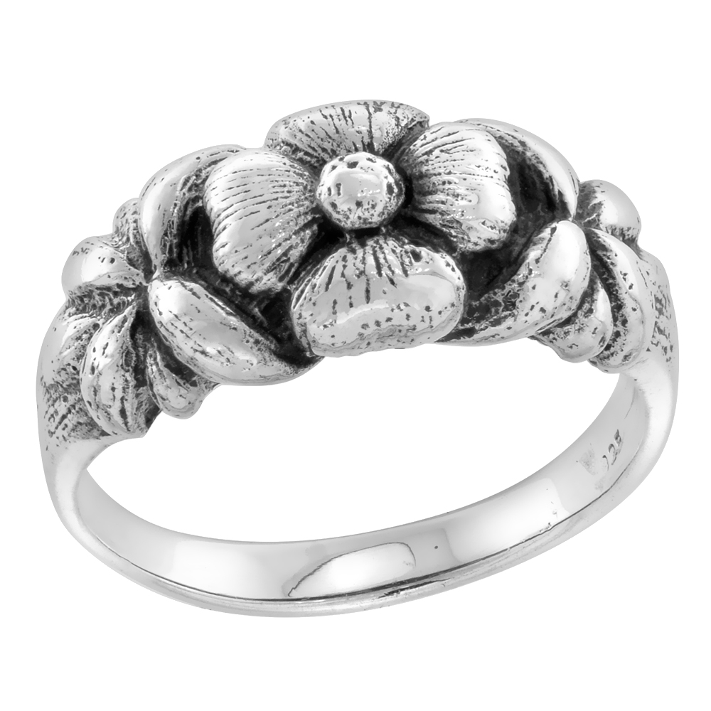 STERLING SILVER PLUMERIA FLOWER RING FOR WOMEN 5/16 INCH