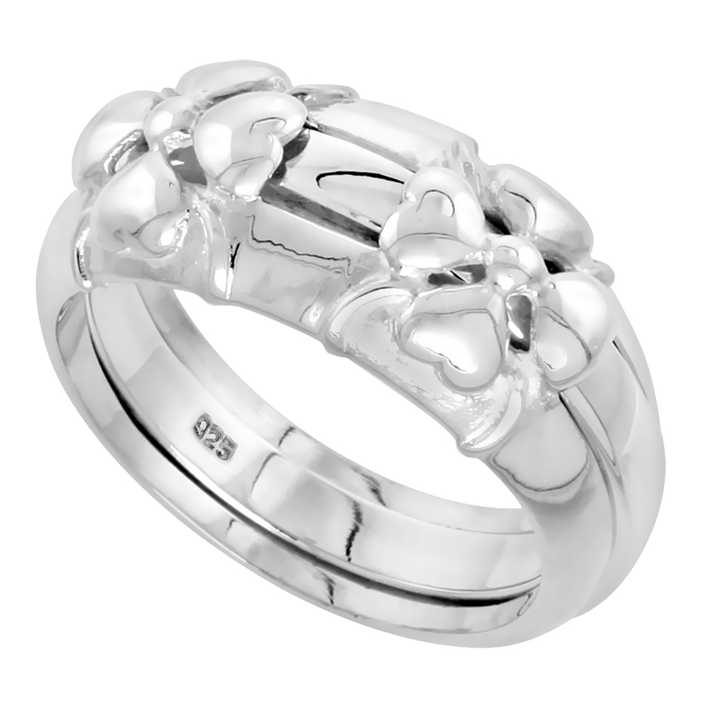 Sterling Silver Heart Petal Flower Ring for Women Flawless finish 3/8 inch wide sizes 6 - 10