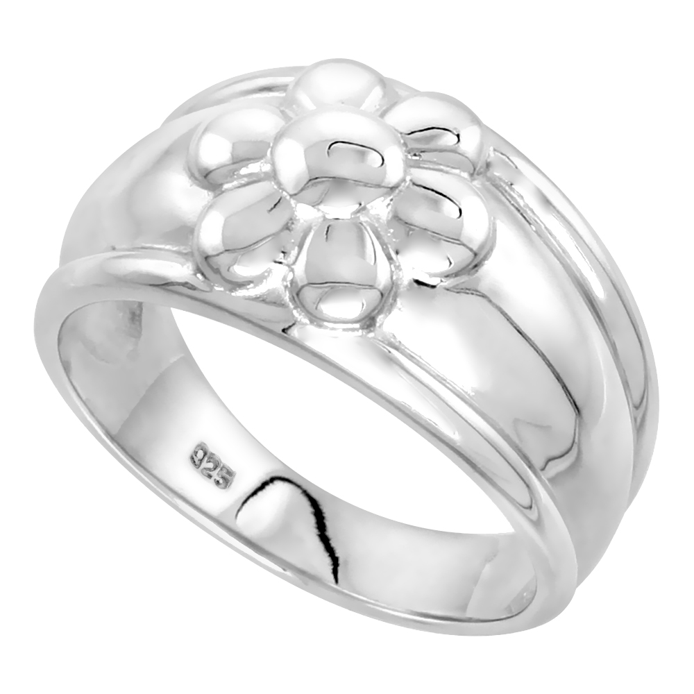 Sterling Silver 6 Petal Flower Cigar Band Ring for Women Flawless finish 1/2 inch wide sizes 6 - 10