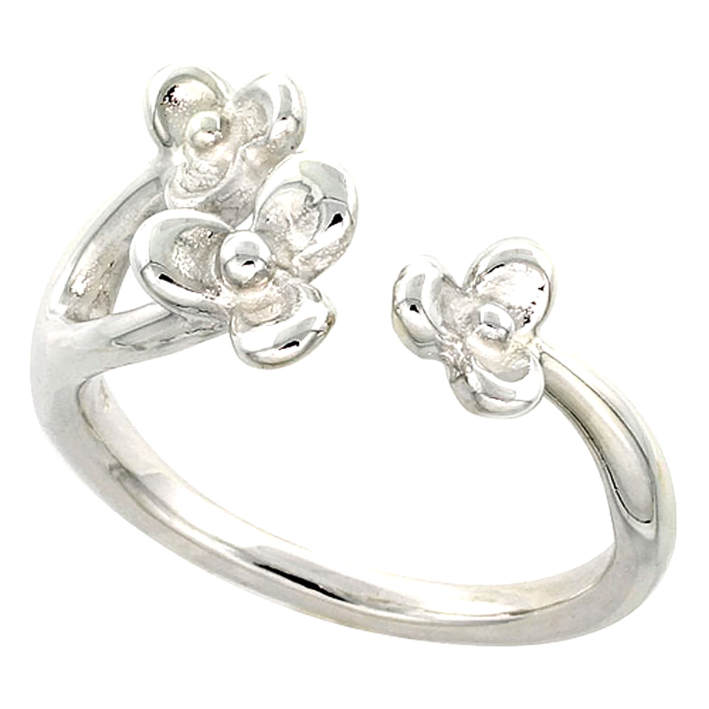 Sterling Silver 3 Petal Flowers Ring Flawless finish 1/2 inch wide, sizes 6 to 10